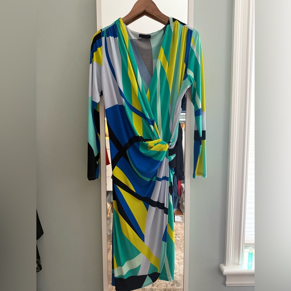 Natori Green and Blue Ruched Wrap Dress V-neck Long Sleeve
